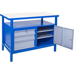 Güde Werkbank P 1200 SLT in Grau-Blau mit Schubladen, Tür und Ablagefächern.