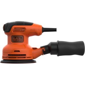 Black+Decker Exzenterschleifer BEW210 (230 W) in Orange und Schwarz mit Staubfangbehälter.