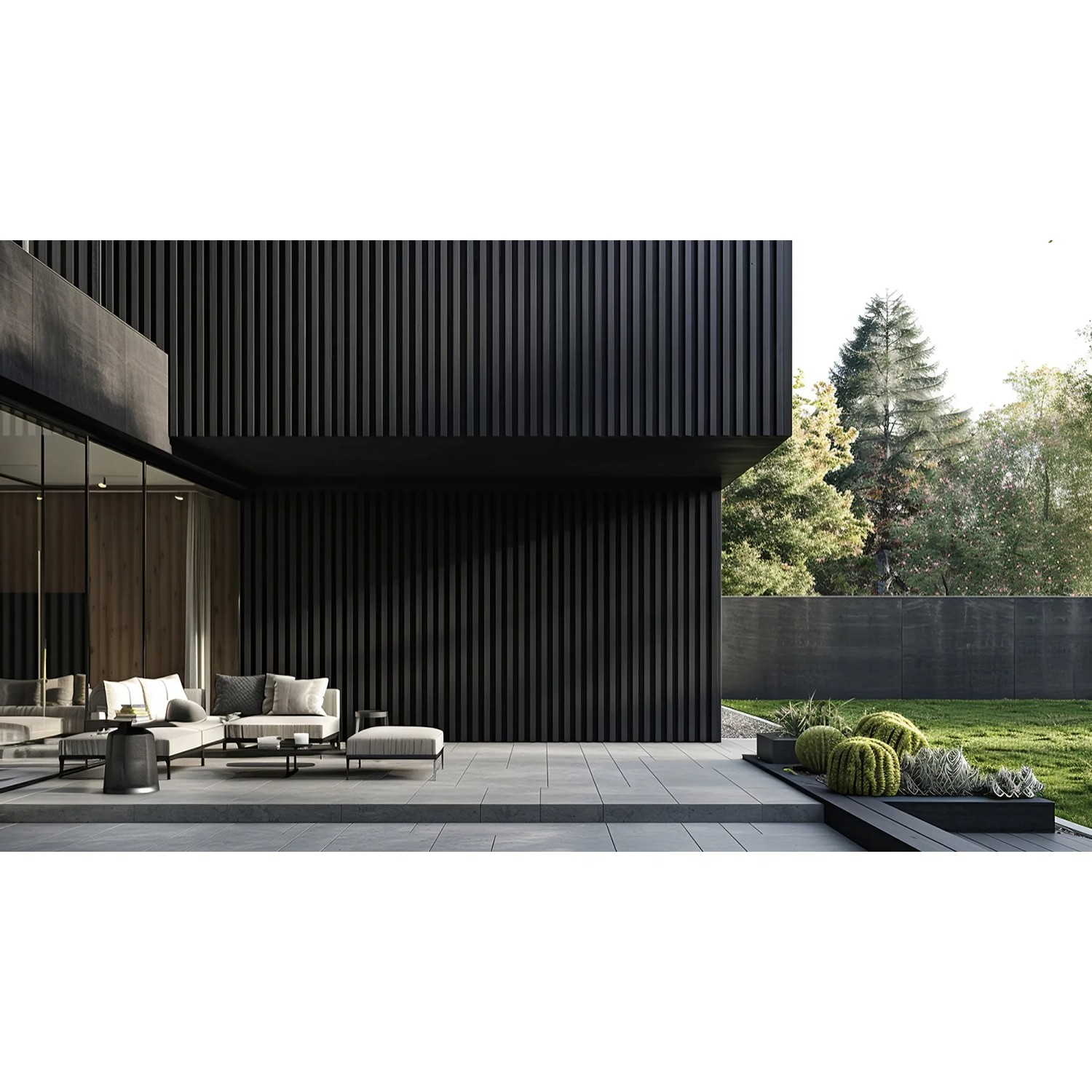 Moderne Hausfassade mit anthrazitfarbener WPC Fassadenverkleidung DUVAR.