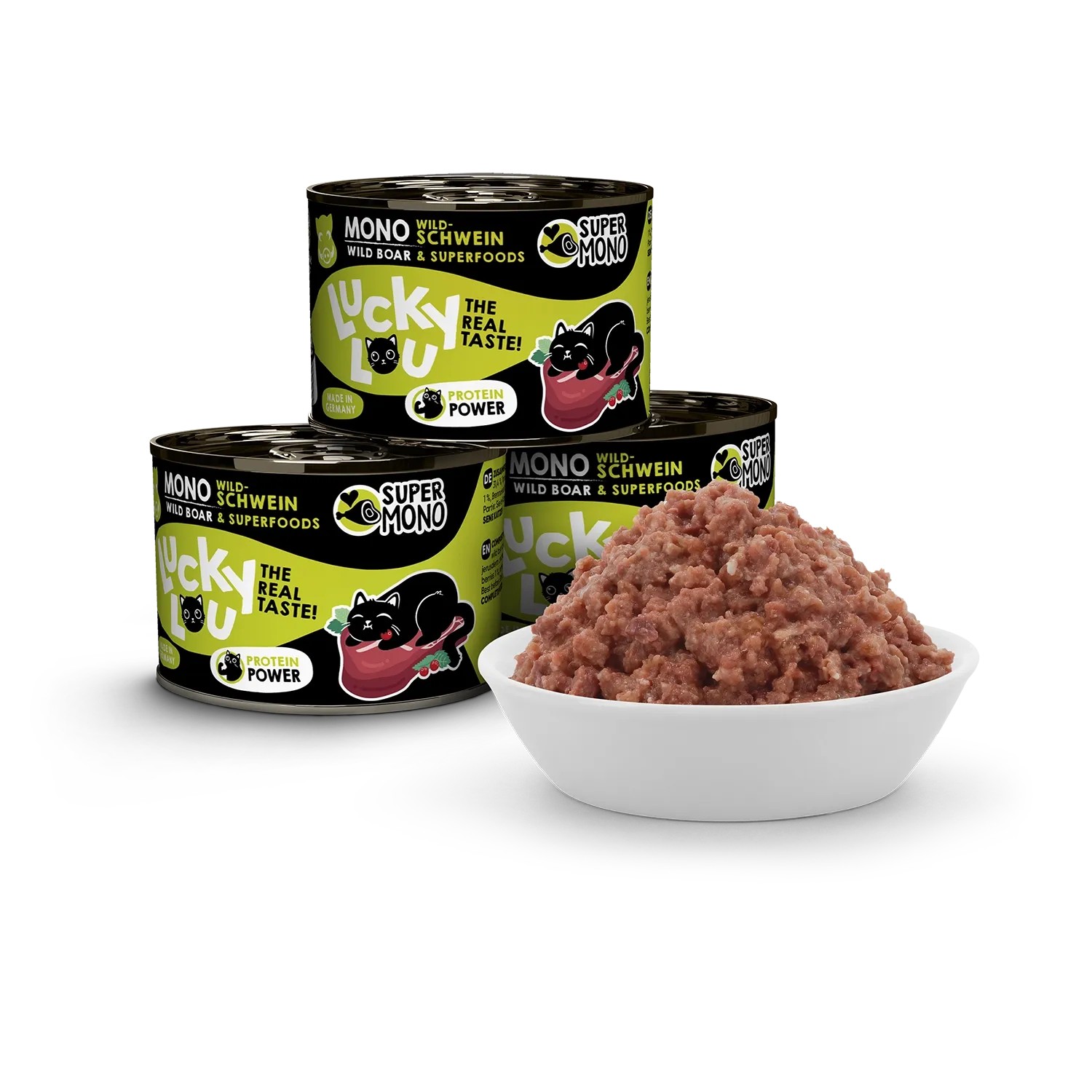 Lucky Lou Katzen-Nassfutter SuperMono² Wildschwein, 200g Dose und Schale mit Futter.