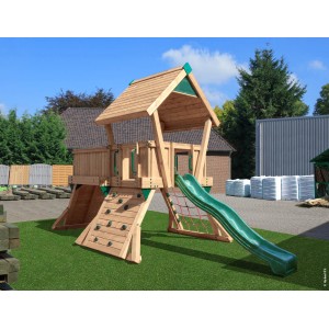 Hy-Land Spielgerät Q3 aus Kiefernholz mit Rutsche, Kletterwand und Netz für Kinder.