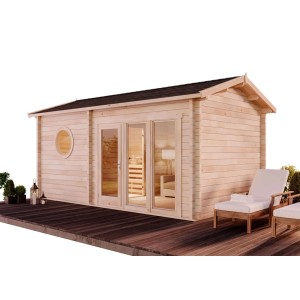 Finntherm Gartensauna Genf-70 aus Fichtenholz mit Panoramafenster und Satteldach.