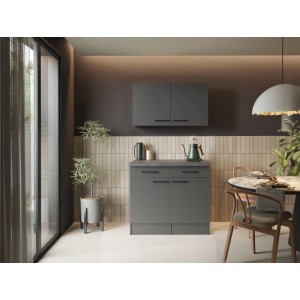 Respekta Oliver Sideboard Set: graue matte Unterschränke, Oberschränke, Schubladen, Arbeitsplatte in moderner Küche.