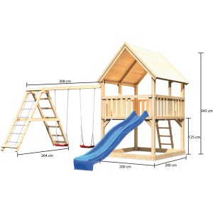 Karibu Spielturm Luis mit Satteldach, Doppelschaukel, Klettergerüst und blauer Rutsche.