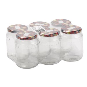 6er-Set Einmachgläser, 212 ml, mit Obstdekor-Deckel, zur Lebensmittelaufbewahrung.