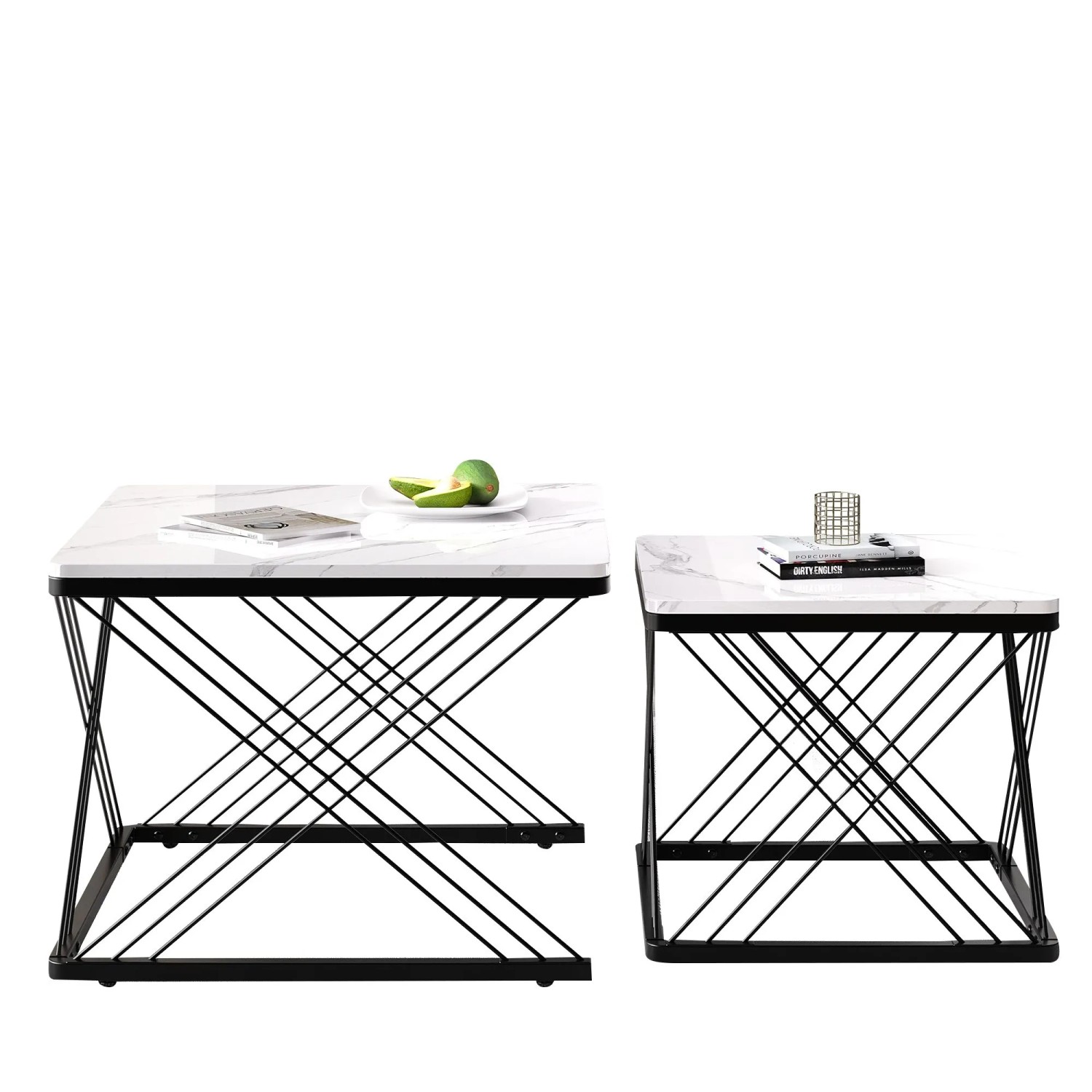 okwish Couchtisch Set mit Marmoroptik HöhenVerstellbare Füße 60x60x45cm 45x45x40cm Schwarz_9