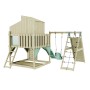 Mintgrüne Babyschaukel mit Rutsche, Kletterwand und Spielhaus aus unbehandeltem Holz.