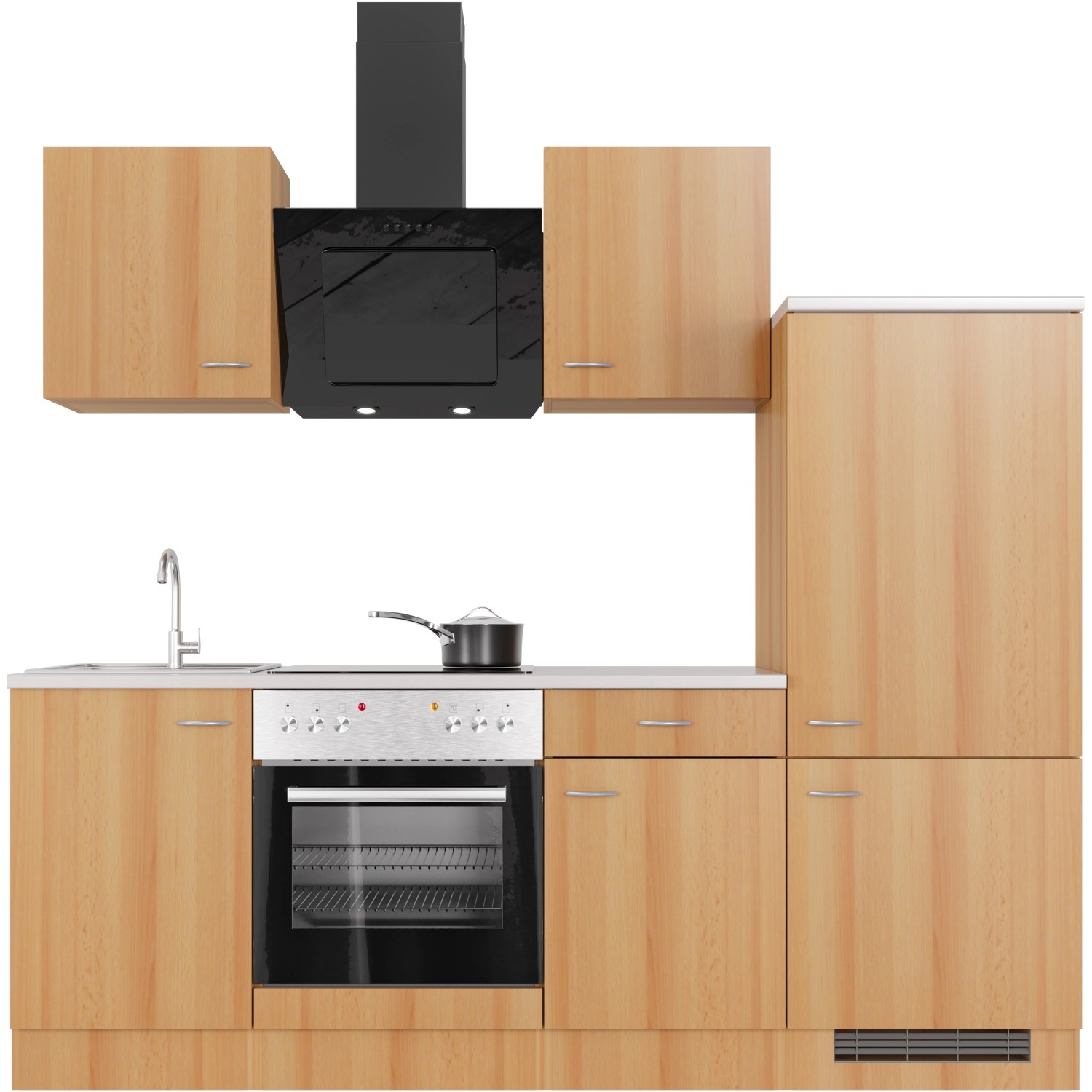 Flex-Well Classic Küchenzeile Nano 220 cm in Buche mit E-Geräten und Spüle.