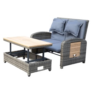 Graues Greemotion Gartensofa Bahia mit Liegefunktion und Tisch mit Teakholzplatte.
