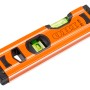Orangefarbene OBI Wasserwaage, 20 cm, mit horizontaler und vertikaler Libelle.