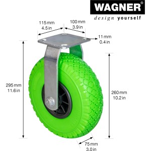 Wagner Transportgeräte-Bockrolle, Ø 260 mm, mit grünem, pannensicherem Rad und Stahlgehäuse.