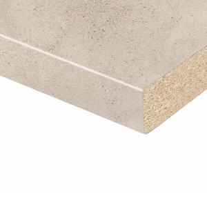 Kaindl Arbeitsplatte in Natursteinoptik, helle Küchenarbeitsplatte mit abgerundeter Kante.