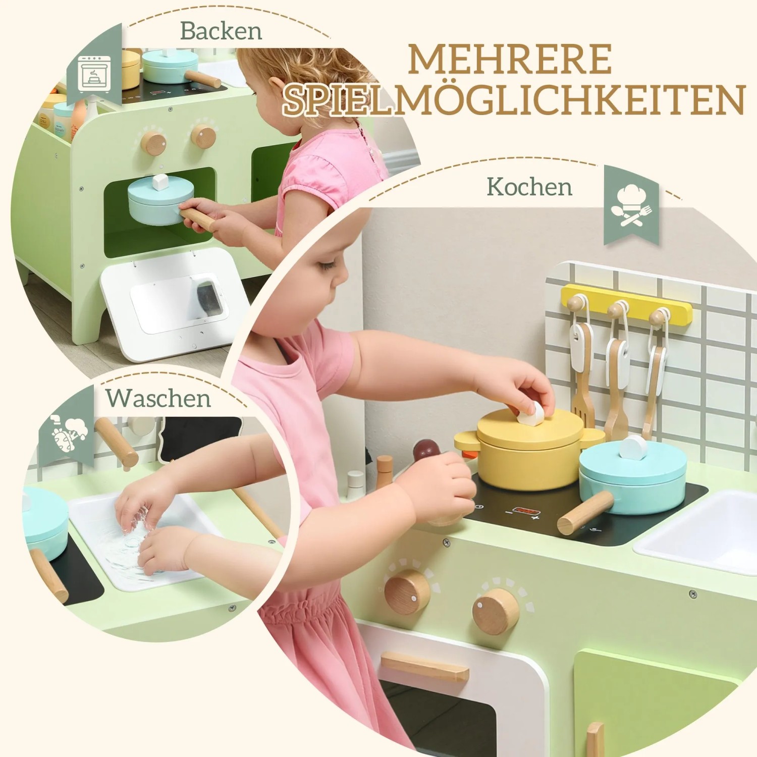 Grün-weiße AIYAPLAY Kinderküche aus MDF. Kind spielt Kochen, Backen und Waschen an Herd, Ofen und Spüle.