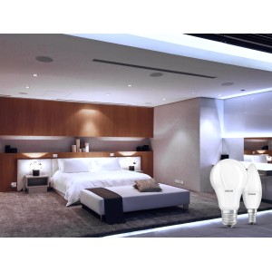 Osram LED E27 Leuchtmittel 5er Set in Glühlampenform vor Schlafzimmer-Szene.