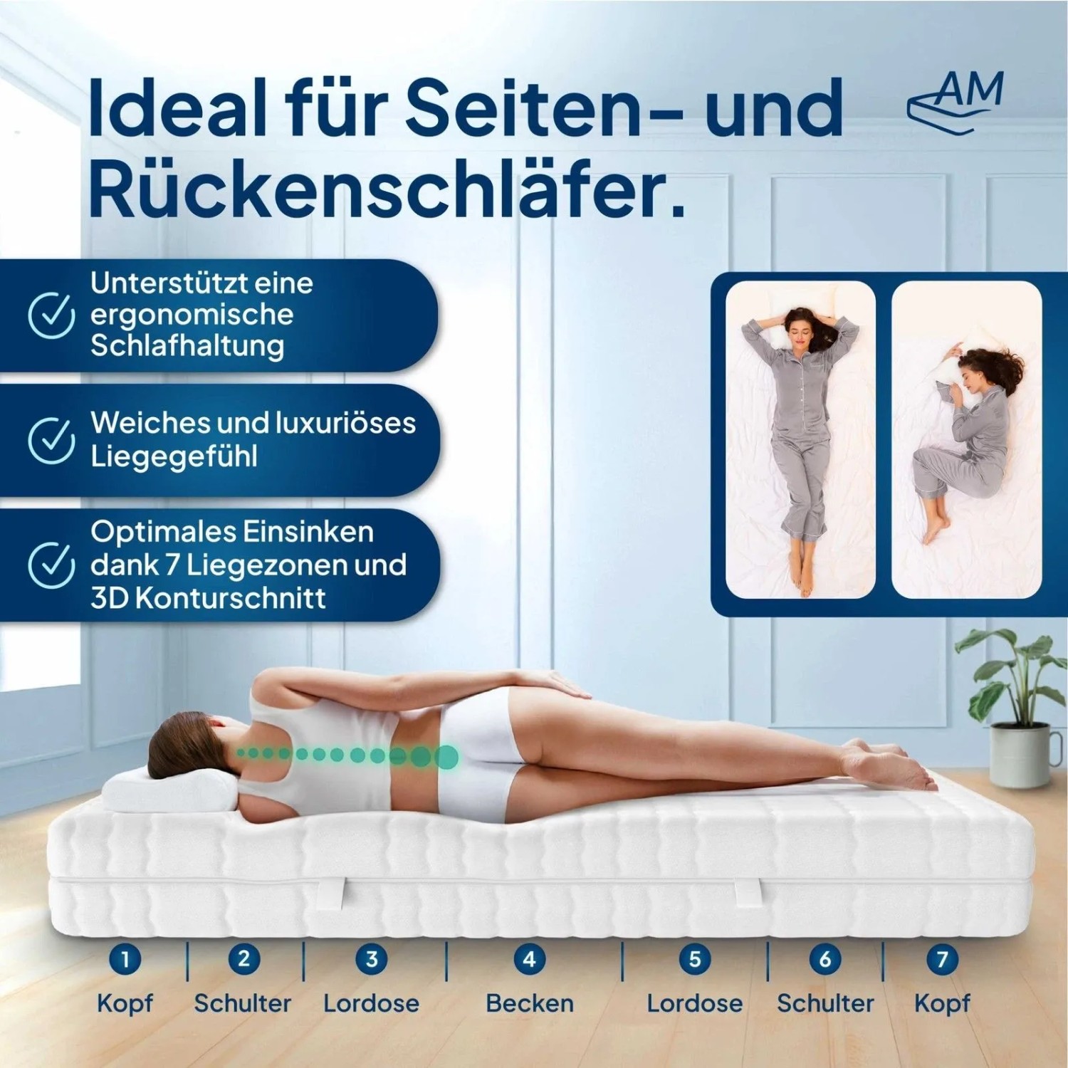 AM Qualitätsmatratze Premium 7 Zonen Gelmatratze 90x200 cm mit Liegezonen und Frau beim Schlafen.