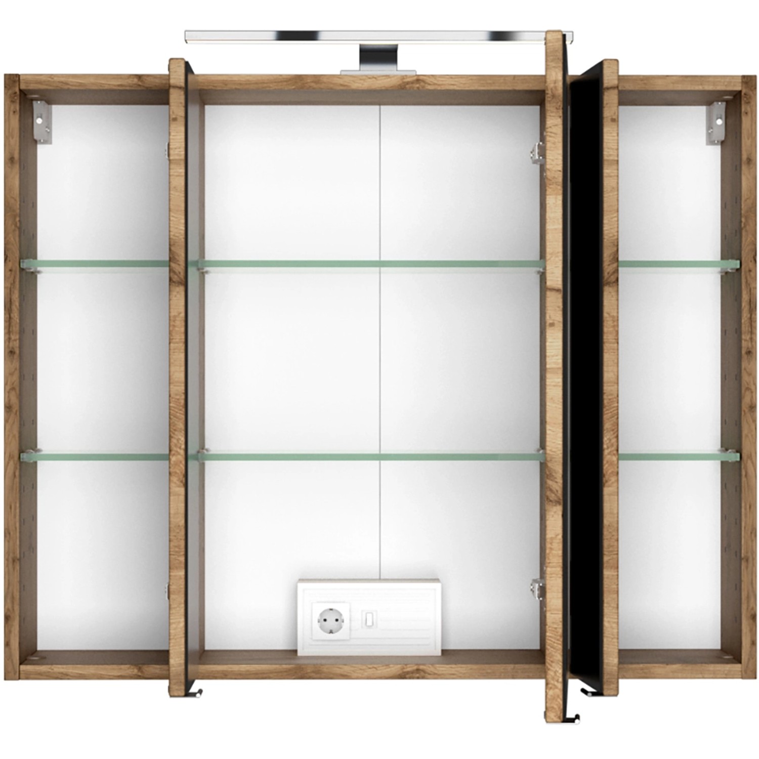 Held Möbel Waschtisch-Set Bari, 80 cm, matt Weiß-Wotaneiche, mit LED-Leuchte und Glasböden.