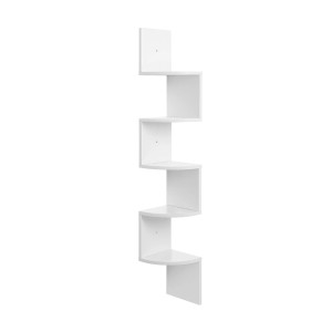 Weißes Vasagle Eckregal mit 5 Ebenen im Zickzack-Design.