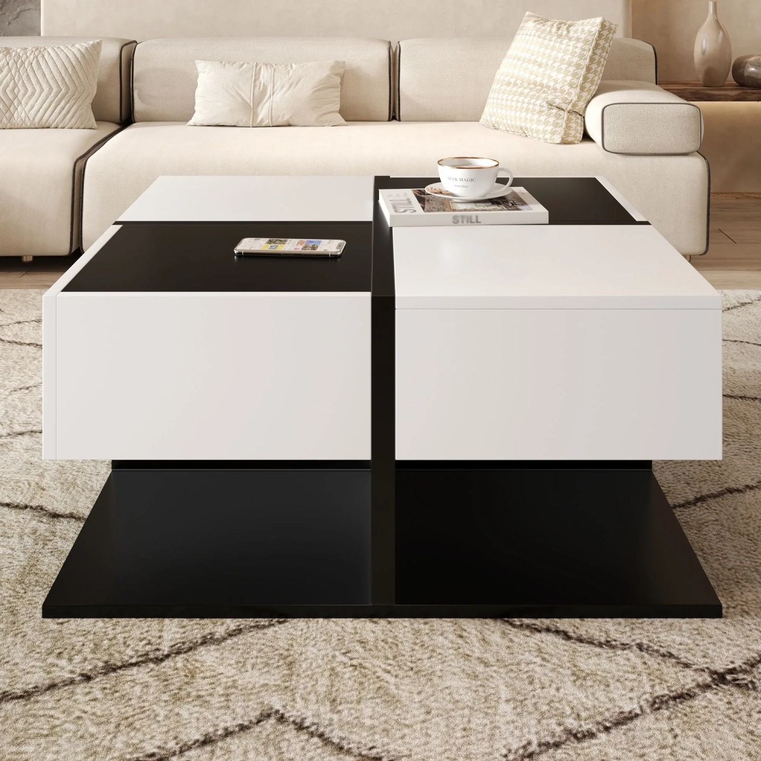 okwish Couchtisch Quadratisch Wohnzimmertisch mit Stauraum/2 Schubladen 70 x 70 cm Schwarz/Weiß kaufen bei OBI