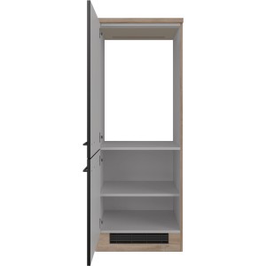 Flex-Well Geräteumbauschrank Capri, 60 cm, schwarz matt/Eiche, mit Drehtüren, Einlegeboden und Nische für Kühlschrank.