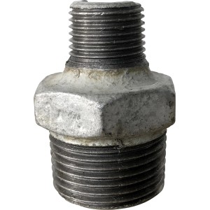 Reduziernippel aus Temperguss, verzinkt, mit zwei Außengewinden (1 Zoll x 1/2 Zoll).