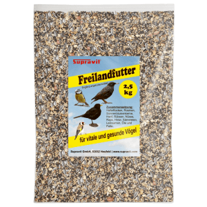 Supravit Wildvogelfutter 2,5 kg in transparenter Tüte, mit vielfältigen Samen, Körnern und Nüssen. Label zeigt heimische Vögel.