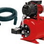 Einhell Hauswasserwerk GC-WW 6538 Set mit rotem Kessel und schwarzem Saugschlauch.