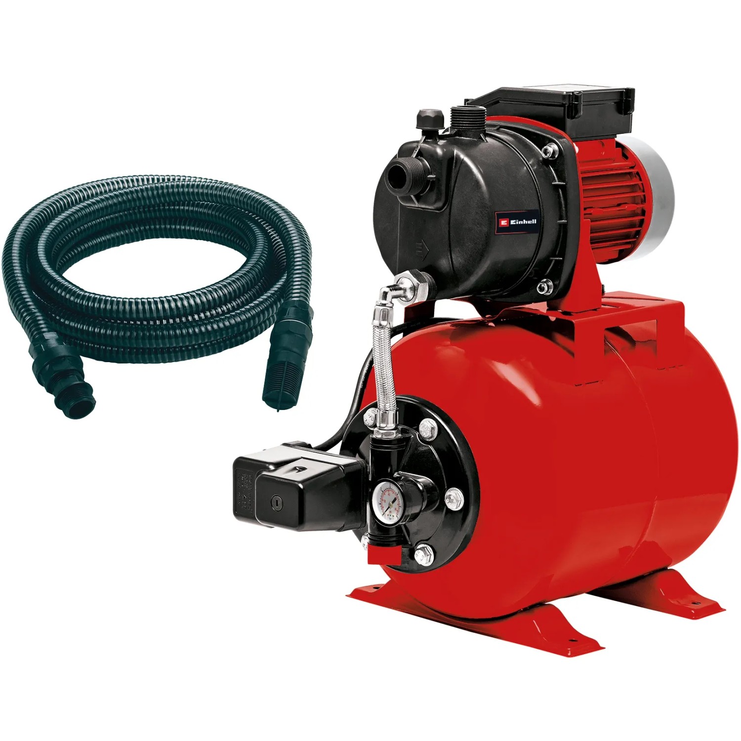 Einhell Hauswasserwerk GC-WW 6538 Set mit rotem Kessel und schwarzem Saugschlauch.