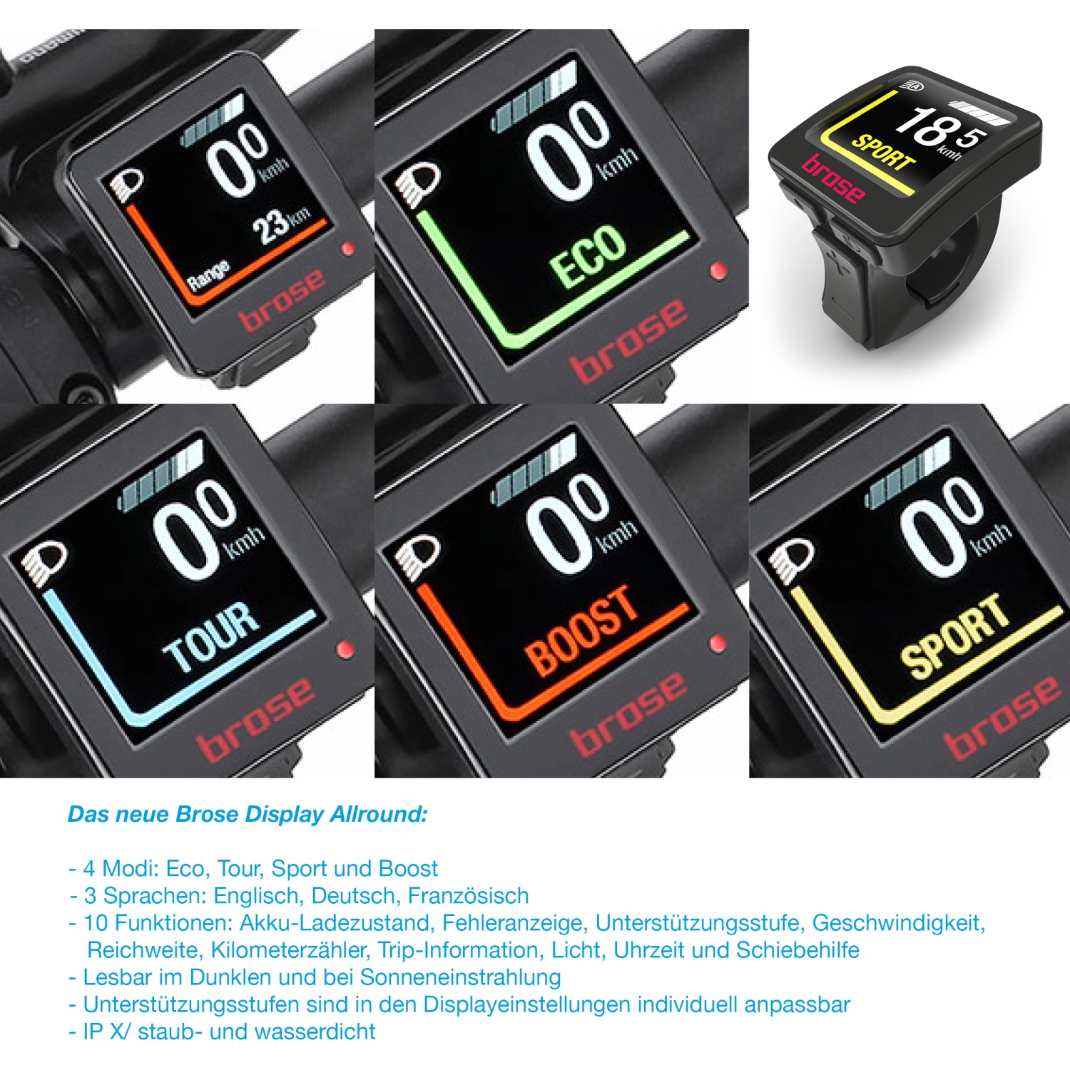 Brose Display Allround für Fischer E-Bike: Verschiedene Modi (Eco, Tour, Sport, Boost) und Anzeigen.
