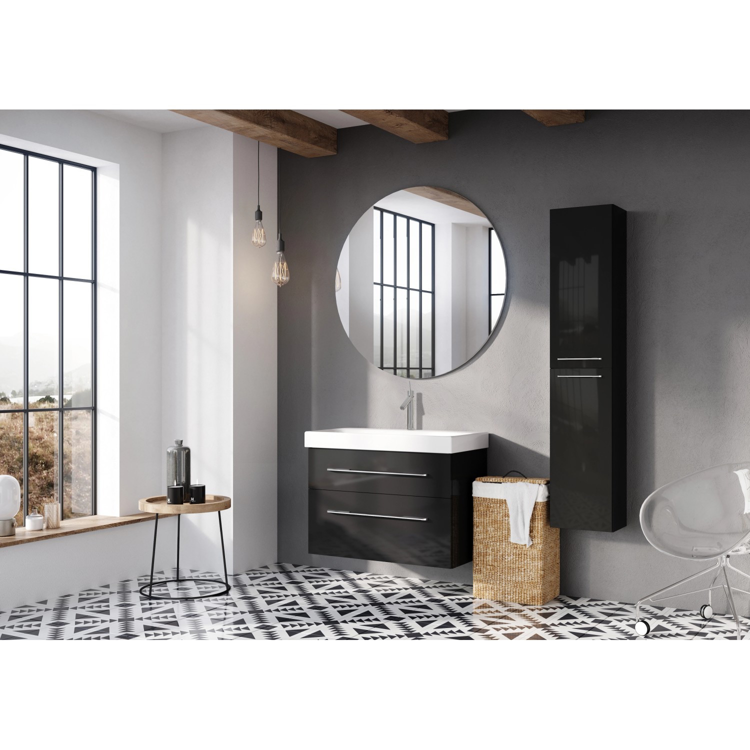 Modernes Badezimmer mit schwarzem Waschbeckenunterschrank Madrid (80 cm) und passendem Spiegelschrank.
