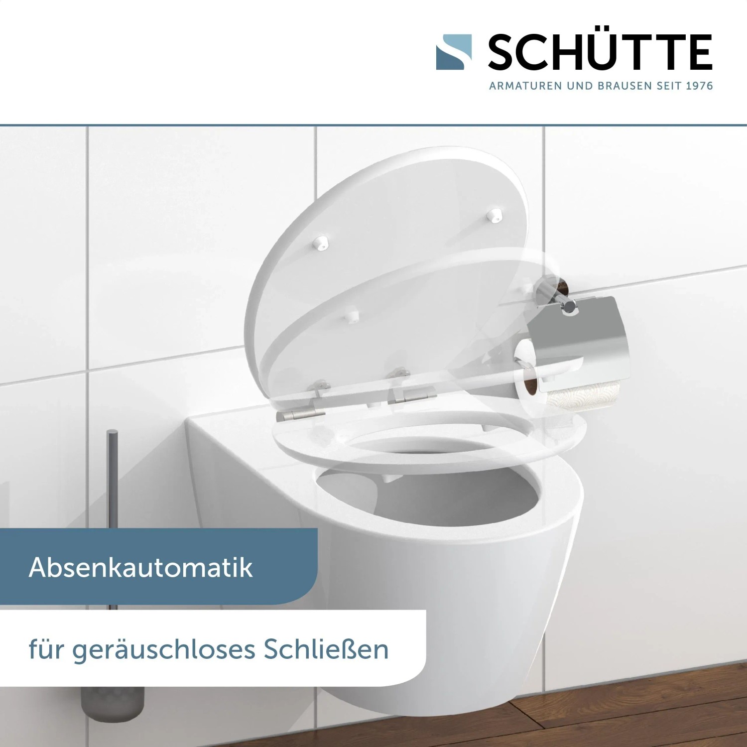 Schütte WC-Sitz Diamond mit Absenkautomatik auf Wand-WC, geöffnet.