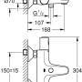 Technische Zeichnung der Grohe QuickFix Thermostat-Wannenarmatur Precision Start Chrom mit Maßangaben.