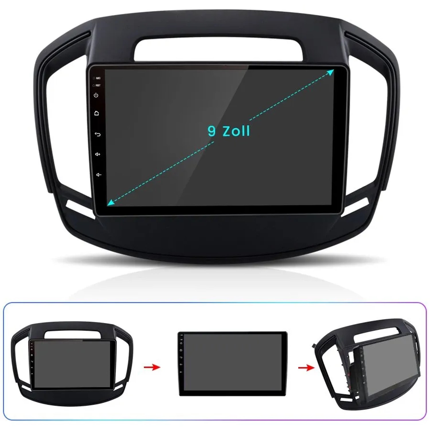 Schwarzes 9 Zoll Autoradio mit Touchscreen und passendem Rahmen für Opel Insignia. Autoelektrik.