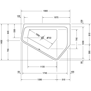 Technische Zeichnung der Duravit Eckbadewanne Paiova 5, 190x140 cm, Ecke rechts, mit Maßen.
