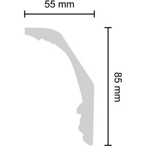 Profilquerschnitt des weißen Zierprofils Giuseppina (5,5 x 200 cm) mit Maßangaben.