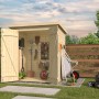Naturbelassenes Weka Gerätehaus Mori mit Pultdach, Doppeltür und Boden im Garten.