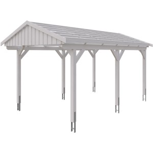 Weißer Skan Holz Carport Fichtelberg mit Dachlattung, 317x566 cm, aus Fichte.
