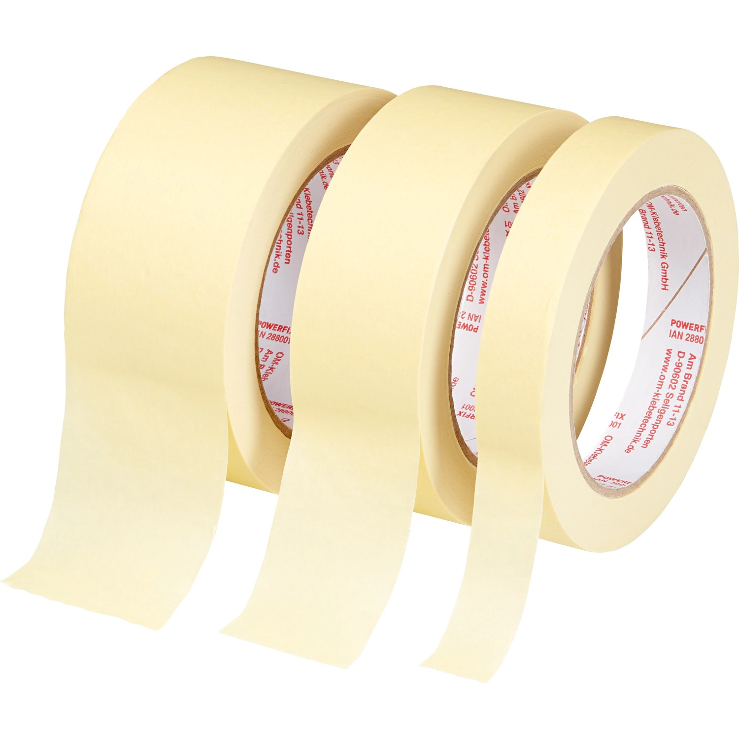 Flachkrepp Klebeband Set, 3 Rollen in Gelb, verschiedene Breiten für Malerarbeiten.