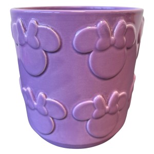 Lila Disney Blumentopf aus Keramik mit Minnie Maus Relief, 14 cm hoch.