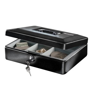 Offene, schwarze Master Lock Geldkassette CB-10ML mit Schlüssel und Münzeinsatz.