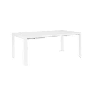 Weißer Ausziehtisch KIPLIN für den Garten, mit Aluminiumgestell und erweiterbarer Tischfläche.