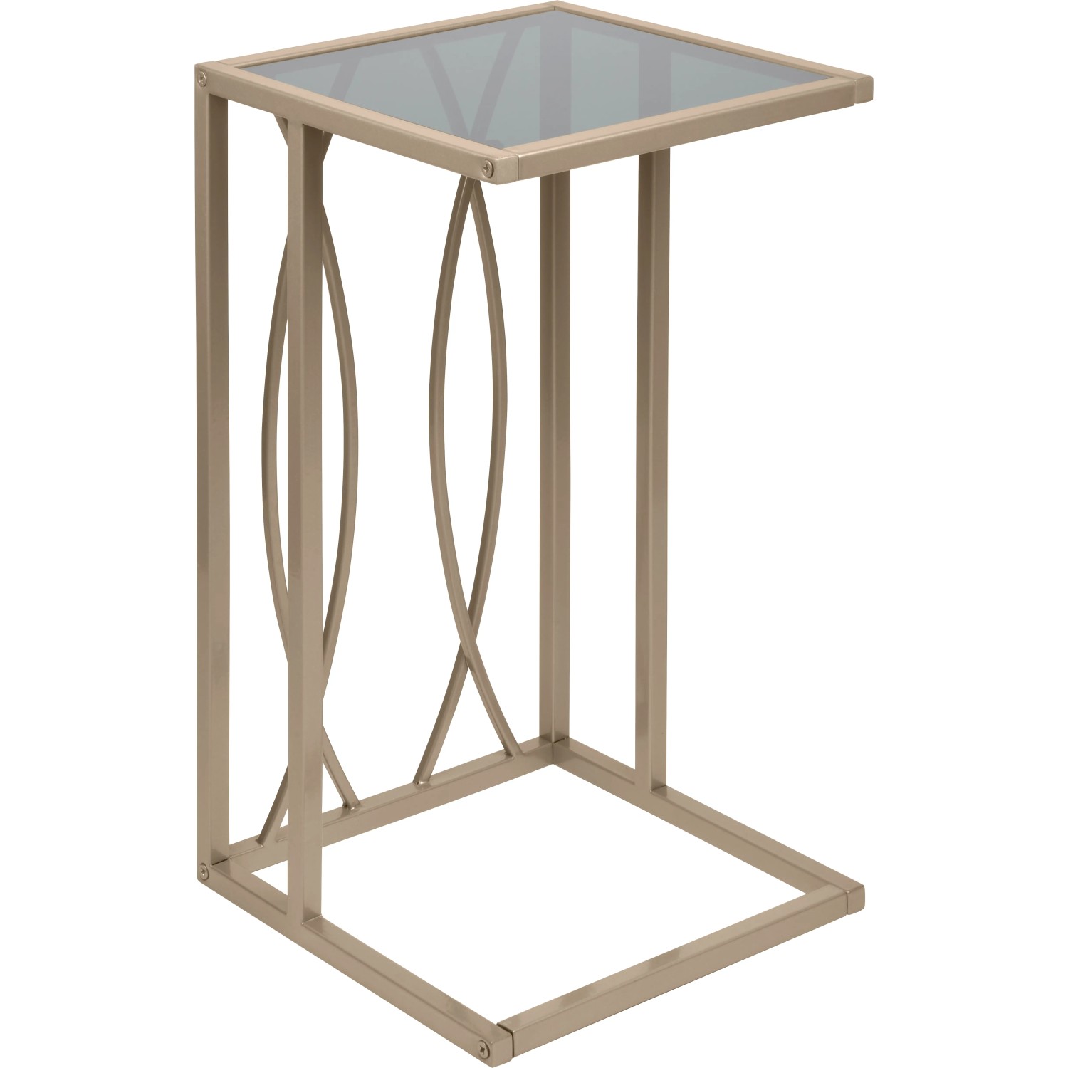 Eckiger Beistelltisch Blush Bordeaux mit goldfarbenem Metallgestell und Glasplatte.
