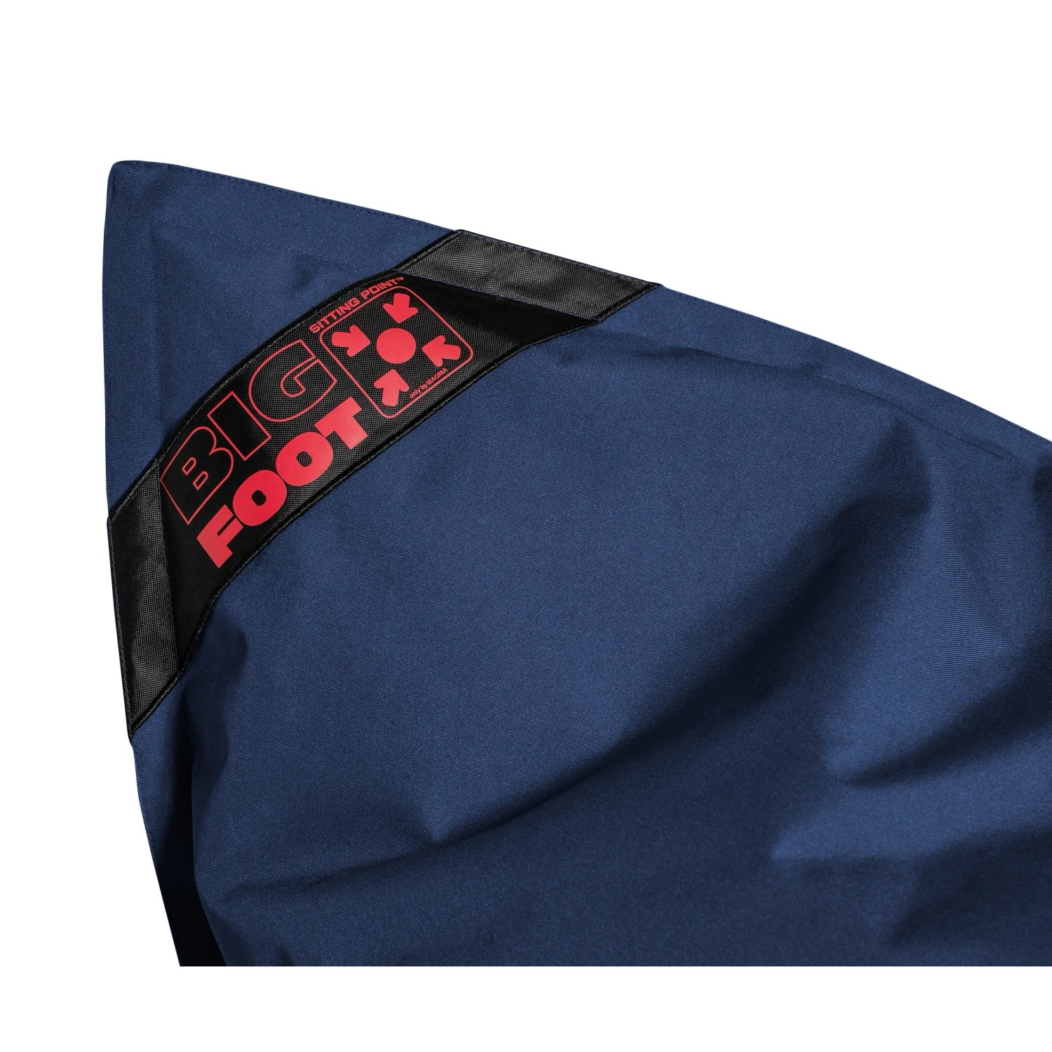 Detailaufnahme: Jeansblauer Sitting Point Sitzsack Big Foot mit Logo.