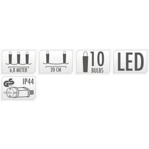 Symbole der LED-Außenlichterkette mit 10 bernsteinfarbenen Dioden, IP44 und 6,8 Meter Länge.