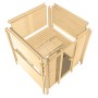 Karibu Sauna Marika mit LED-Dachkranz, naturbelassene Massivholzsauna im Aufbau, Innenansicht mit Bänken.