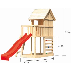 Karibu Stelzenhaus Frieda mit roter Rutsche und Kletterwand, naturbelassenes Holz.