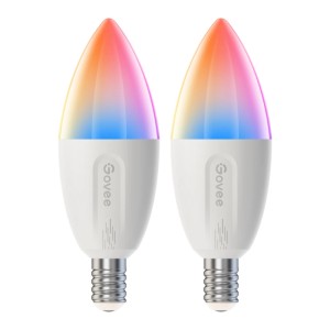Zwei Govee E14 RGBWW Smart LED Birnen im 2er-Pack, weiß, mit farbigem Licht. Dimmbare smarte Leuchtmittel.
