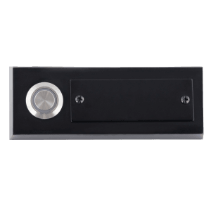Schwarzer REV Ritter Klingeltaster aus Metall mit Namensschild und LED-Beleuchtung.