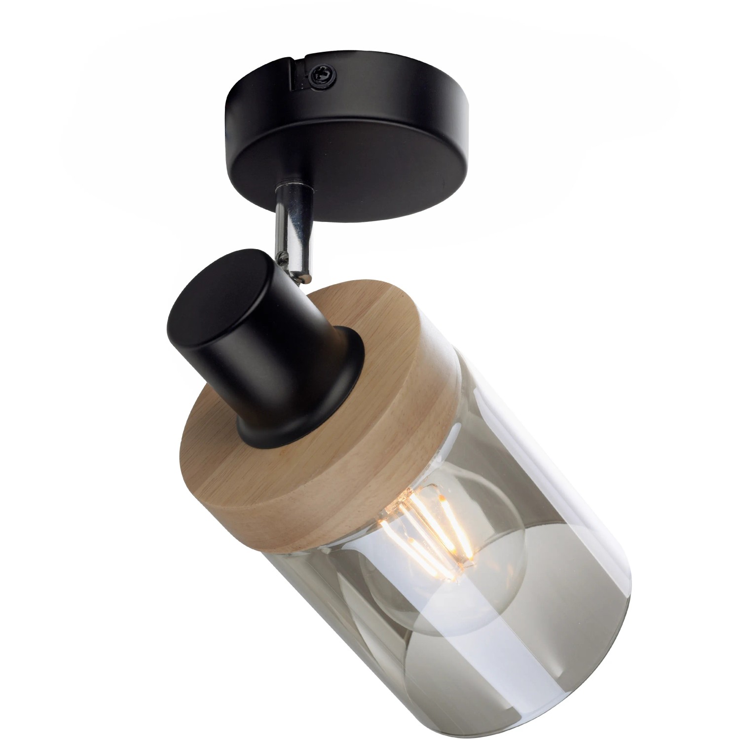 Schwarze Just Light Wand- und Deckenleuchte Pasqual mit Rauchglas-Schirm und Holzdetails.