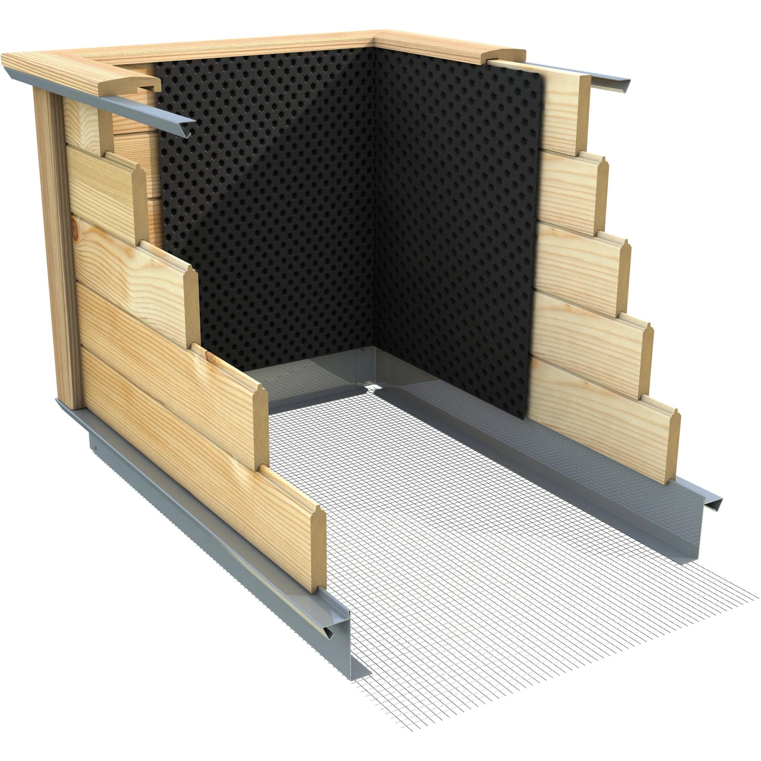 Detailansicht KGT Hochbeet Woody 210 Lärche: Holz, Noppenfolie, Schutzgitter, Fundamentrahmen.