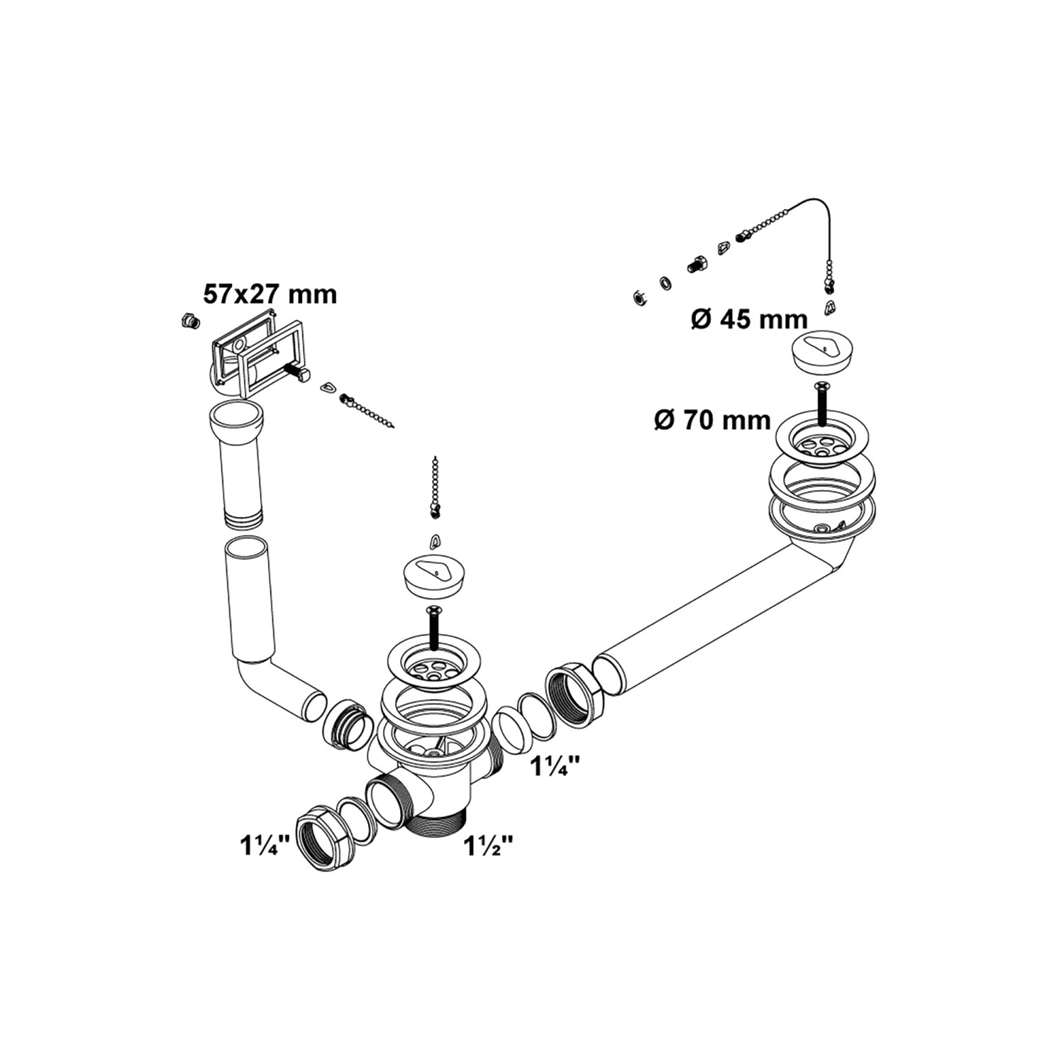 Kirchhoff Doppelspültisch Ab- und Überlaufgarnitur, höhenverstellbar, mit seitlichem Überlauf und Ablaufventilen.